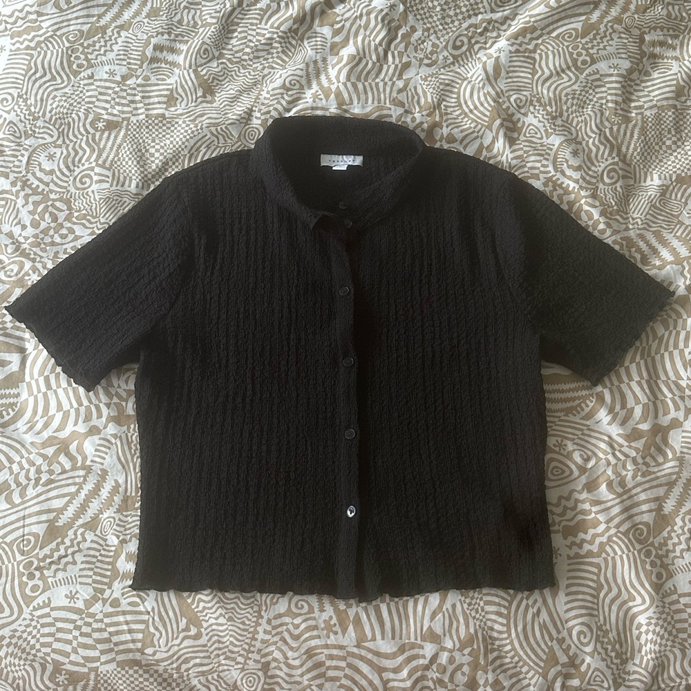 Topshop Crinkle Polo Tee textured blouse 90s lettuce hem size L
